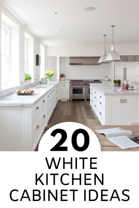 white kitchen cabinets in a kitchen with white walls and filled with light. White Kitchen Cabinet Fixtures, White Kitchen Cabinet Ideas Inspiration, Shaker Style Cabinets White, Plain White Kitchen Cabinets, White Colour Kitchen Design, Timeless White Kitchen Design, Pictures Of Kitchens With White Cabinets, White Kitchens 2023, White Kitchen Shaker Cabinets