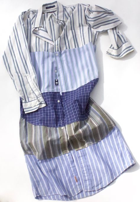 Blue Stripes Dress made with men's shirttails sewn to the hem of each. Upcycling Mens Dress Shirts, Upcycle Mens Button Up Shirt, Mens Shirt Upcycle Woman, How To Add Length To A Dress, Men’s Shirt Refashion, Upcycling Shirts Mens, Men’s Shirt Upcycle, Upcycling Shirts Ideas, Upcycle Shirt Ideas