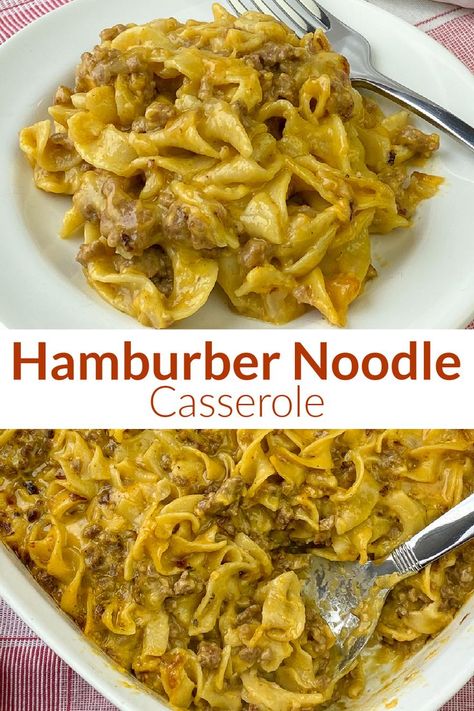 Collage of creamy hamburger noodle casserole with text Hamburger Noodle Casserole, Hamburger Meat Recipes Easy, Easy Hamburger Casserole, Easy Ground Beef Casseroles, Easy Casserole Dishes, Hamburger Casseroles Recipes, Ground Beef Recipe, Ground Beef Casserole Recipes, Easy Ground Beef