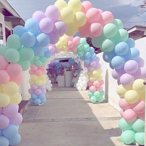 Pastel Balloon Arch Backdrop, Pastel Party Theme Decoration, Balloon Decorations Pastel, Pastel Color Baby Shower Ideas, Pastel Rainbow 1st Birthday Party, Pastel Decorations Party, Pastel Candyland Birthday Party, Pastel Balloons Decoration, Pastel Themed Birthday Party Decorations