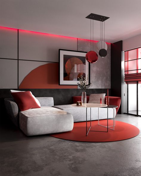 Red Interior Design, Bauhaus Interior, Interior Design Blogs, Grey Interiors, Design Hall, Red Living, Living Room Decor Gray, Japanese Interior Design, Living Room Red