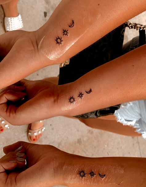 Sun And Moon Tats, Small Tattoos For Trio, Trio Henna Tattoos, Matching Star Tattoos Best Friends, Friend Group Tattoos Small For 3, Sun Moon Star Trio Tattoo, Moon And Stars Best Friend Tattoo, Moon And Star Best Friend Tattoo, Sun Moon And Stars Tattoo Best Friends