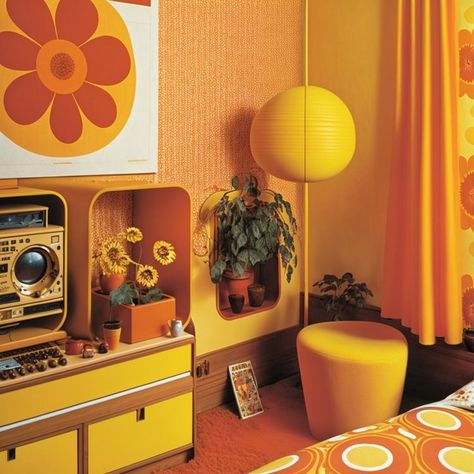 Retro Yellow Living Room, 70s Retro Home Decor, Seventies Bedroom, Retro House Decor Ideas, Platform Living Room, 70s Bedroom Ideas, 70s House Decor, Vintage Living Room Decor Ideas, Deco 70s