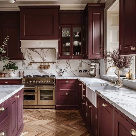 Mulberry Kitchen Cabinets, Burgandy Kitchen Cabinet, Maroon Cabinets Kitchen, Burgundy Cabinets Kitchen, Maroon Cabinets, Maroon Kitchen Cabinets, Plum Kitchen Cabinets, Dark Red Kitchen Cabinets, Red Marble Kitchen