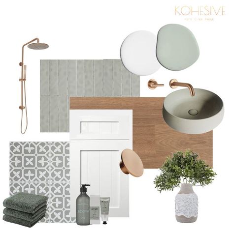 Designed by @kohesive_interiors using our mood board tool. Loving the calming palette of sage, white and bronze for a bathroom design. View the link to see the published mood board. Bathroom design, bathroom decor, sage, bathroom ideas, bathroom inspiration, bathroom interior design Bright Boho Bathroom, Bathroom Flatlay, Sage Bathroom, Style Sourcebook, Bathroom Mood Board, Design Mood Board, Bright Boho, Bad Inspiration, Interior Design Boards