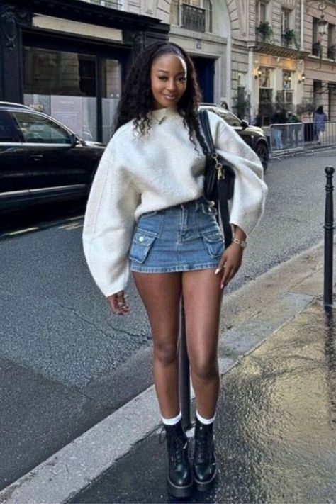 16 Cute and Trendy Ways to Wear a Denim Mini Skirt This Summer Mini Skirt Ideas Black Women, Casual Miniskirt Outfits, Mini Jean Skirt Outfit Winter, Mini Skirt High Boots Outfit, Cute Casual Dinner Outfits Fall, Skirts And Jordans Outfit, Casual Cute Dinner Outfits, Denim Skirt Outfit Night Out, Short Denim Skirt Outfit Idea