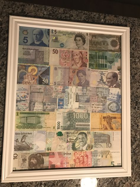 Foreign money collage! Framed Coins Ideas, How To Display Foreign Currency, Foreign Coin Display, Money Display Ideas, Foreign Money Display Ideas, Money Collage Art, Foreign Currency Display Ideas, Pics Of Money, Money Collage