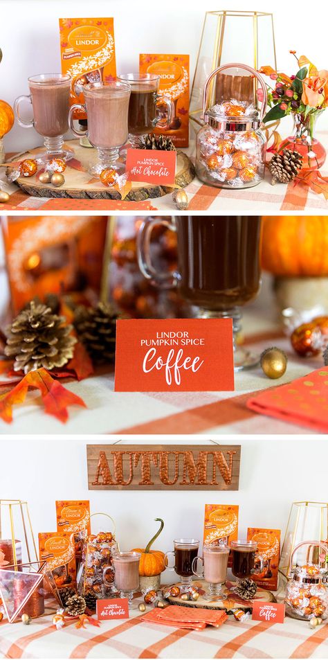 DIY your own hot chocolate and coffee bar with Limited Edition LINDOR Pumpkin Spice truffles. Click for more details from Courtney at @Pizzazzerie on how you can recreate this for a tailgate party, bake sale or cozy night in! Autumn Hot Cocoa Bar, Thanksgiving Hot Cocoa Bar, Thanksgiving Hot Chocolate Bar, Fall Cocoa Bar, Tea Bar Ideas Drink Stations, Fall Hot Cocoa Bar, Hot Chocolate Bar Fall, Fall Hot Chocolate Bar, Hot Chocolate And Coffee Bar