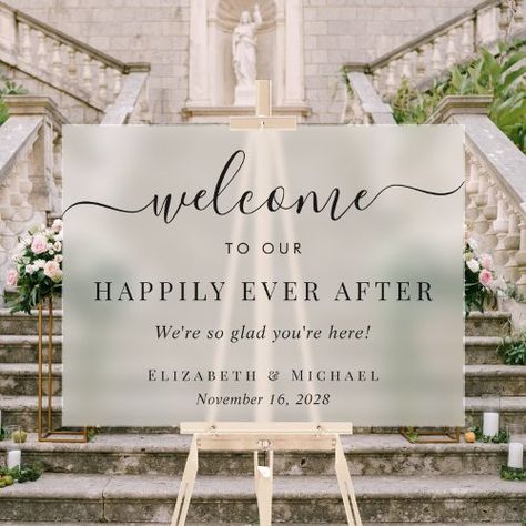 $68.6 | Elegant Happily Ever After Wedding Welcome Frosted - wedding welcome sign, happily ever after, elegant, we're glad you're here, simple, minimal modern, chic, script, minimalist, frosted Happily Ever After Wedding, Ever After Wedding, Frosted Acrylic, Wedding Posters, Wedding Banner, Welcome To Our Wedding, Wedding Welcome Sign, Wedding Welcome Signs, Wedding Crafts