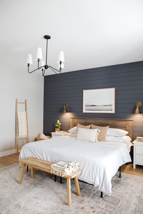 Project Reveal: Seppala New Build — Harbor + Pine Shiplap Wall Ideas, Black Walls Bedroom, Light Gray Bedroom, Farmhouse Shiplap, Farmhouse Bedroom Ideas, Black Accent Walls, Moody Bedroom, Shiplap Accent Wall, Shiplap Wall