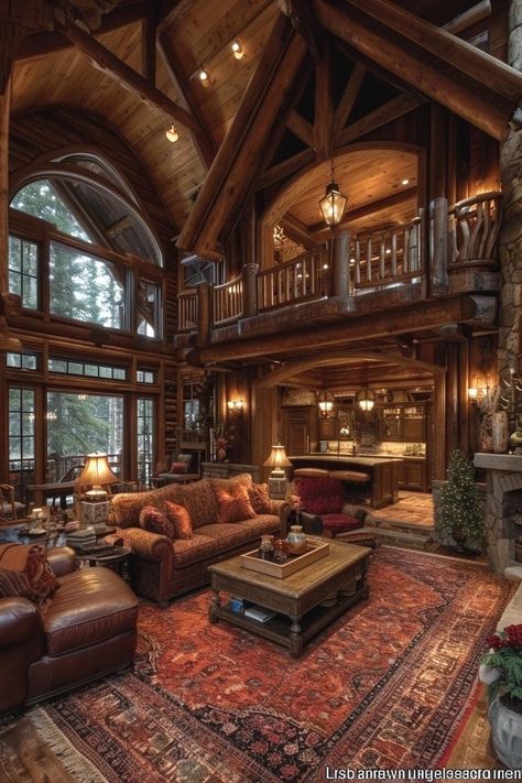 Dark Wood Cabin, Montana Living Room, Log Cabin Mansions, Large Cabin, Cabin Mansion, Tuscan Style Homes, Log Home Interiors, Cabin Living Room, Dream Life House