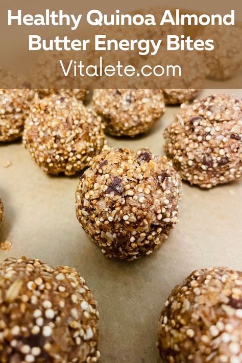 Pan with quinoa almond butter energy bites Quinoa Energy Bites, Quinoa Energy Balls, Quinoa Balls, Energy Bites Recipe, Toasted Quinoa, Quinoa Bites, Goldie Locks, Healthy Quinoa, Energy Bites Recipes