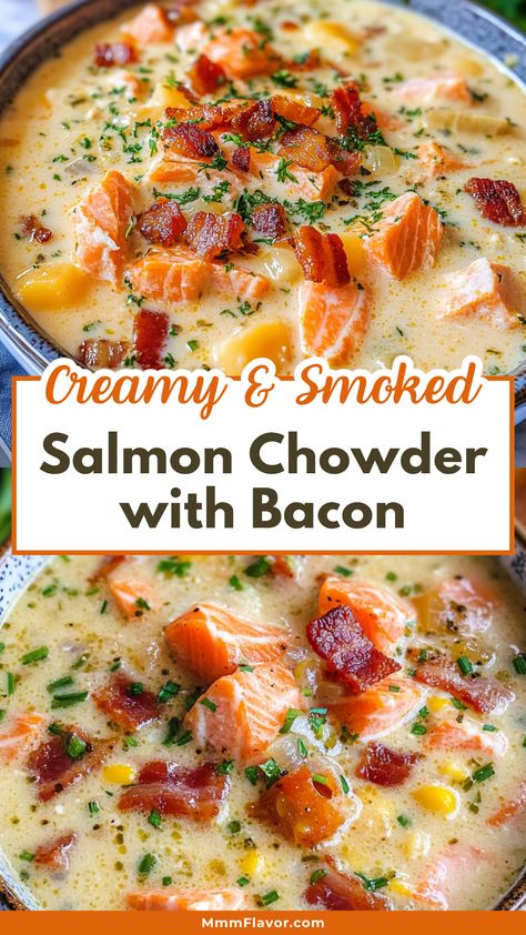 Warm up your dinner table with this Creamy Smoked Salmon Chowder with Bacon! This comforting recipe combines rich smoked salmon and crispy bacon for a delightful twist on classic chowder. Perfect for chilly nights or special gatherings. Save this delicious dish for a cozy night in or to impress your friends at your next dinner party! Easy Salmon Chowder, Smoked Salmon Corn Chowder, Salmon Chowder Soup, Creamy Salmon Soup, Smoked Salmon Soup Recipes, Smoked Salmon Uses, Recipes That Use Smoked Salmon, How To Use Smoked Salmon, Smoked Salmon Chowder Recipe