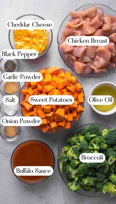 Healthy Chicken Recipes Casserole, Wholesome Yum Recipes, Healthy Chicken Potato Recipes, Healthy Chicken Sweet Potato Recipes, Sweet Potatoe Meal, Chicken And Potato Meal Prep, Wholesome Healthy Meals, Chicken Sweet Potato Bake, Sweet Potato High Protein Recipes