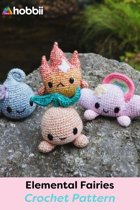 Crochet dolls Mythical Crochet Pattern, Crochet Fairy Pattern Free, Fantasy Crochet Patterns, Elemental Fairies, Crochet Fairy Wings, Crochet Cuddler, Fairy Crochet Pattern, Air Fairy, Fire And Air