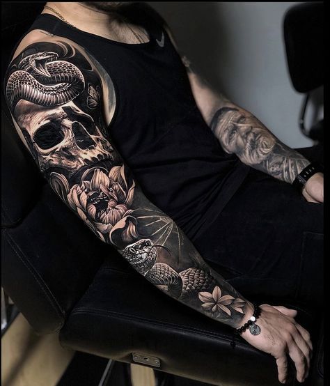 Skull Snake Sleeve Tattoo, Sleeve Tattoos Full Arm, Big Tattoos For Men Arm, Snake Tattoo Men Arm Sleeve, Skull Arm Sleeve Tattoos, Skull Full Sleeve Tattoo For Men, Gothic Full Sleeve Tattoos, Men’s Cover Up Tattoos Arm, Dark Arm Sleeve Tattoo