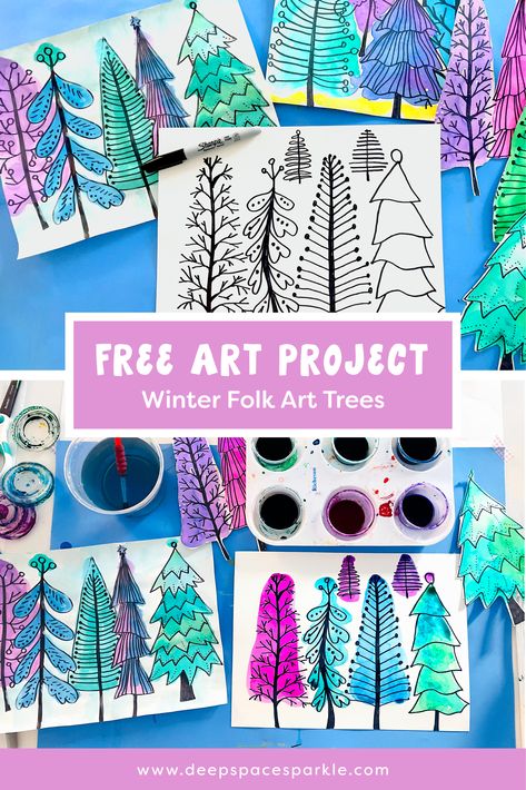 Folk Art Trees, Winter Folk Art, January Art, Holiday Art Projects, Winter Art Lesson, Class Art Projects, Christmas Art Projects, Art Project For Kids, 2nd Grade Art