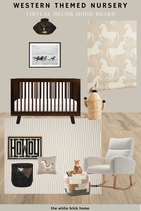 A nursery design that is gender neutral and has a western theme with cowboy decor and horse decor. A Wild West nursery design that is gender neutral with horses and a western theme with a rocking horse and ikat design. McGee and co nursery design. Horses Nursery Theme, Western Modern Nursery, Tan And Black Nursery, Gender Neutral Nursery Rug, Boho Cowboy Nursery, Black And White Western Nursery, Gender Neutral Nursery Western, Neutral Cowboy Nursery, Modern Cowboy Nursery