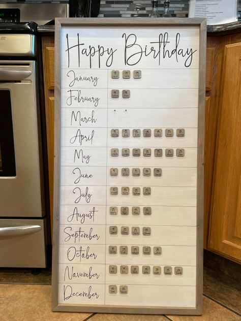 We needed a larger board that was easy to read and add to at grandpa & grandmas. This large board (36” x 18”) also has pins on each name plate signifying each generation. Each month can hold up to 16 names. Birthday Chart For Home, Work Birthday Calendar, Birthday Board Ideas For Adults, Diy Birthday Poster Board Ideas, Staff Birthdays Board, Class Birthday Board Ideas, Diy Family Birthday Calendar, Diy Birthday Calendar Ideas, Birthday Reminder Ideas