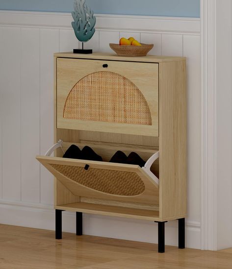 Rattan Shoe Storage Cabinet with 2 Flip Drawers for Entryway, Freestanding Shoe Rack Modern Slim Entryway Shoe Organizer with Half Round Woven Rattan Doors for Hallway Shoe Rack Modern, Shoe Storage Door, 2 Tier Shoe Rack, Hallway Shelf, Rattan Doors, Shoe Organizer Entryway, Classic French Style, Entryway Shoe, Bench With Shoe Storage