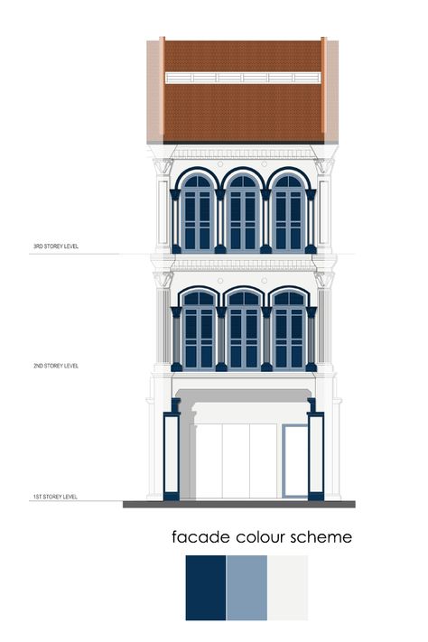 89TP_facade colour scheme #Conservation#ShopHouse#Office#Facade#ElevationDrawings Singapore Shophouse, Colonial Facade, Office Facade, History Of Malaysia, Tropical Colonial, Indochine Style, Shop Facade, Modern Colonial, Architecture Design Sketch