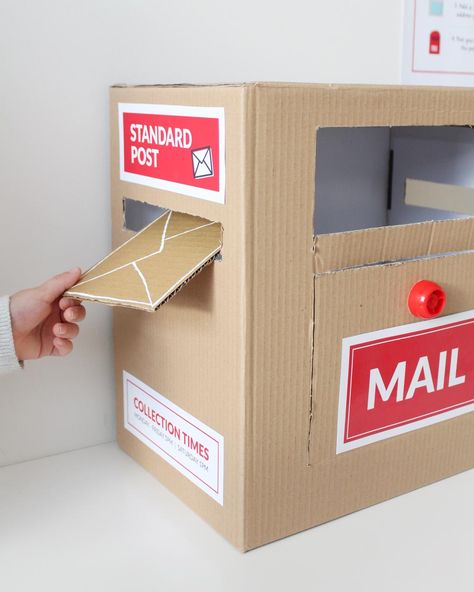 diy cardboard mail box for post office dramatic play Post Office Sign, Post Office Play, Post Office Dramatic Play, Pretend Play Printables, Office Dramatic Play, Play Printables, Dramatic Play Printables, Dramatic Play Preschool, Cardboard Box Crafts