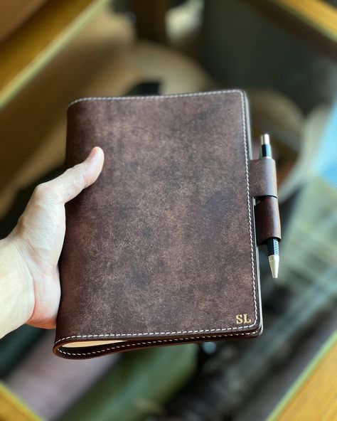 Leather Notebook Cover in Tobacco Pueblo. I had fun working with this leather, the texture is amazing. It’s hand sewn all around and burnished the edges into a glass finish. #handmade #nyleatherworks #bespokeleather #leathercraft #madeinusa #fineleathergoods #leather #leathergoods #leatherwork #smallluxury #ny #handcraft #california #newyork #ny Leather Notebook Cover, Leather Notebook, Notebook Cover, Fun At Work, Leather Working, Leather Craft, Hand Sewn, Hand Sewing, Notebook