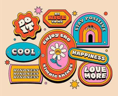 Hippie Lettering, 70s Stickers, 70s Graphic Design, 60s Logo, Cute Logo Design, Hippie Logo, Stickers Images, Stickers Illustration, Retro Stickers