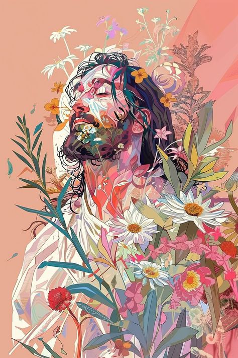 Experience the divine connection between Jesus and the natural world with this exquisite Jesus illustration. Surrounded by flowers, Jesus is depicted with eyes closed, savoring the beauty of creation. This unique piece of Jesus art is a must-have addition to any Christian painting enthusiast’s gallery. If you like the work, please leave a heart and it will soon appear in my Etsy shop. Art, Hair, Flowers, Pink, Eyes Closed, Jesus Art, Jesus Is, In Bloom, Jesus