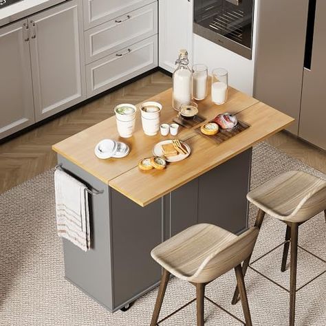 Shintenchi Rolling Kitchen Island Cart with Folding Drop Leaf Breakfast Bar, Portable Trolley Island with Large Storage Cabinet, Shelf and Drawer, Gray Kitchen With Portable Island, Kitchen With Moveable Island, Rollable Kitchen Island, Folding Breakfast Bar, Portable Kitchen Island Ideas, Rolling Island Kitchen, Kitchen Island Portable, Small Kitchen Island With Seating, Movable Kitchen Island