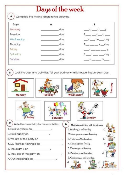 This is a useful worksheet to practice the days of the week with your ESL students. Esl Worksheets For Beginners, Present Continuous, Grammar For Kids, English For Beginners, English Exercises, Esl Activities, Learning English For Kids, English Grammar Worksheets, English Worksheets For Kids