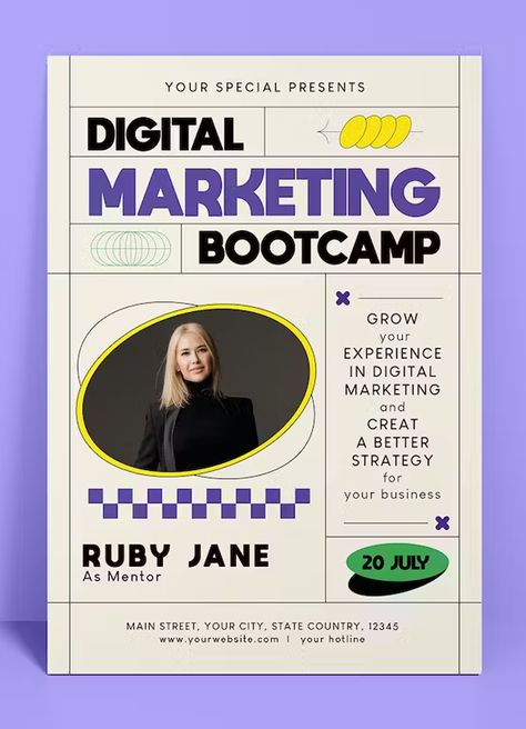 Digital Marketing Bootcamp Flyer Template AI, EPS, PSD Digital Marketing Flyer, Digital Flyer, Teaching Graphic Design, Education Poster Design, Social Media Advertising Design, Event Poster Design, Graphic Design Ads, Flyer Layout, Poster Design Inspiration