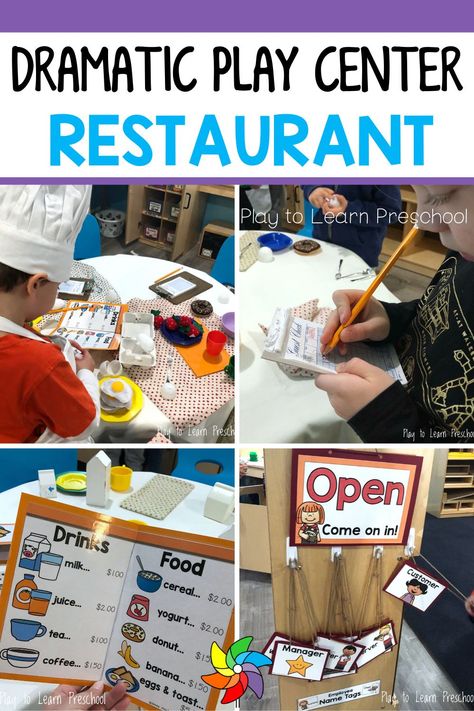 This restaurant dramatic play center for preschoolers is a great way for students to practice important life skills. Students get to use imaginary play as they take on the role of cook, waiter, and waitress. Students have fun playing with pretend food and taking your order. This set comes with dramatic play name tags so everyone can play a part. This dramatic play idea is an all time favorite and can be enjoyed any season. Pretend Play Restaurant Printables, Restaurant Dramatic Play Printables, School Cafeteria Dramatic Play, Cooking Dramatic Play Preschool, Cooking Theme Preschool Activities Dramatic Play, Restaurant Role Play Eyfs, Restaurant Dramatic Play Kindergarten, Restaurant Theme Preschool Activities, Restraunt Dramatic Play