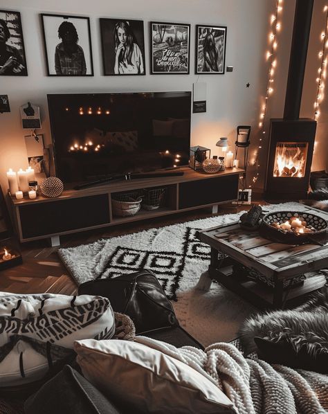 Boho Living Room Ideas: Colorful Throw Pillows and Vintage Decor Living Room Dark Decor, Comfy Dark Living Room, Black And Wood Interior Design Living Room, Edgy Minimalist Home, Boho Black Home Decor, Living Room Dark Asthetics, Living Room Designs Black Furniture, Dark Boho Apartment Decor, Dark Comfy Living Room