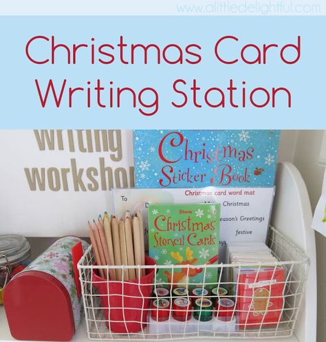 Christmas Card Writing Station - Looks MUCH nicer than the grocery bag I am using and shoving everything in... :-) December Centers, Christmas Cards Wording, Christmas Card Writing, Christmas Literacy, December Lessons, Stencil Cards, Card Writing, Christmas Preschool, Christmas Units