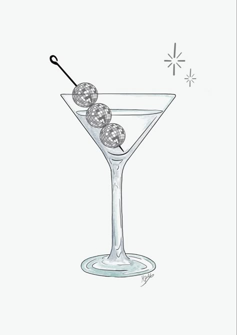 Disco Ball Martini, Black And White Disco Ball Drawing, Disco Aesthetic Drawing, Disco Party Drawing, Disco Ball Line Drawing, Easy Disco Ball Drawing, Mirrorball Illustration, Martini Glass Aesthetic, Martini Background