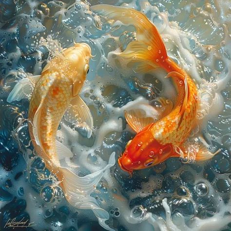 ↑↑↑ Larger size on website 🔸 Two koi fish, one orange and one white, swim in a circular motion. The orange fish is on top, while  🔸 From Midjourney AI Image Nature, Orange Koi Fish, Two Koi Fish, Gold Koi, Koi Fish Swimming, Coy Fish, Blue Koi, White Swim, Orange Fish