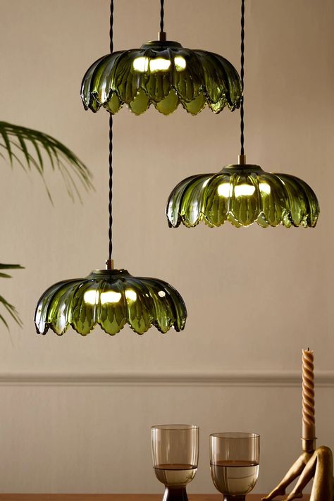 Dining Room Fairy Lights, Green Glass Ceiling Light, Green Light Shade, Attic Flat, Feature Lights, Cluster Lights, Rockett St George, Ceiling Shades, Desert Island