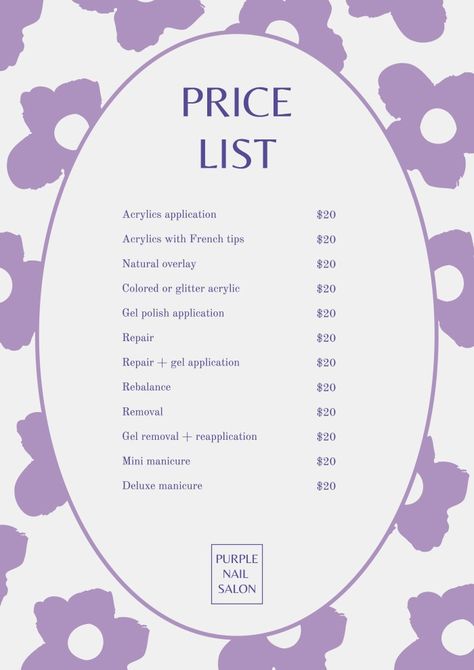 Nail Price List Ideas Background, Nails Layout Design, Nails And Prices, Nail Tech Planner, Purple Nail Room, Price List Design Graphics, Nail Art Price List, Nail Page Instagram, Nail Tech Price List