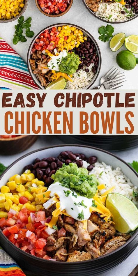 Enjoy your favorite chicken bowl with this simple Chipotle Chicken Bowls. Everyone can customize their bowl to their liking for the perfect meal. It does not get any easier than this copycat chipotle chicken bowl. Now, you can enjoy this delicious meal at home with very little work. The savings will really add up by making this yourself plus it tastes so delicious. #eatingonadime #chipotlebowls #easymeals Copycat Chipotle Chicken Bowl, Chicken Taco Bowl Recipe, Chipotle Chicken Copycat, Mexican Chicken Bowl, Chicken Bowl Meal Prep, Copycat Chipotle Chicken, Chicken Bowls Healthy, Chipotle Chicken Bowl, Chipotle Copycat Recipes