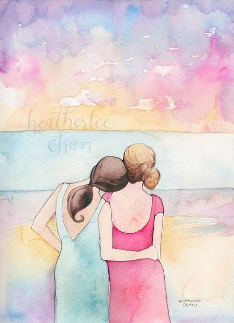 Best Friends Art - Sisters Art at the Beach - Watercolor Painting Print Ideas To Do With Friends, Best Friends Art, Art Sisters, Sisters Drawing, Friend Painting, Underwater Painting, Sisters Art, Friends Art, Back Painting