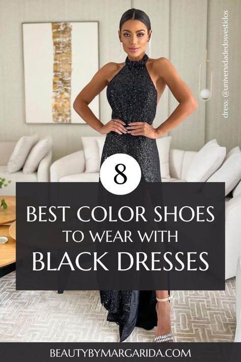 Black Dress With Bright Heels, Shoes For Cocktail Dresses, Dresses With Chunky Heels, Black Dress Green Shoes, Black Dresses With Red Heels, Shoes For Black Prom Dress, Black Outfit With Colored Shoes, Heels For Dresses Types Of, Manicure For Black Dress