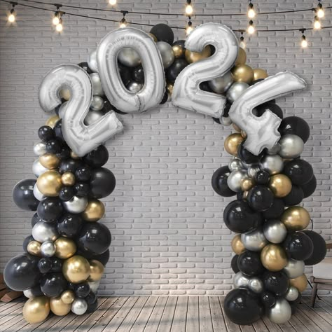 Black Gold Silver Balloon Arch, Black Gold Silver Balloon, Hollywood Graduation, Silver Balloon Arch, Nye Balloons, New Year's Eve Backdrop, New Years Eve Party Ideas Decorations, 2024 Number, Black And Gold Balloons