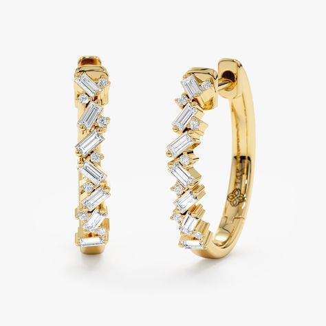 Upgrade your daily hoops to something more unique with intense sparkle! You'll feel like a million bucks each time you look in the mirror gazing into these brilliant and baguette cut natural diamonds. Expertly handcrafted by our goldsmiths, featuring a strong click closure to prevent you from losing one. Choose from classic yellow gold, sleek white gold, or romantic rose gold for a touch of timeless luxury. - Handmade  - Solid Gold - Natural Diamonds  - G Color, SI Quality Diamonds - Total Diamo Mirror Gazing, Diamond Hoop Earrings Large, Diamond Huggies, Handmade Fine Jewelry, Timeless Luxury, Beautiful Gift Wrapping, Initial Jewelry, Diamond Carat, Diamond Hoop Earrings