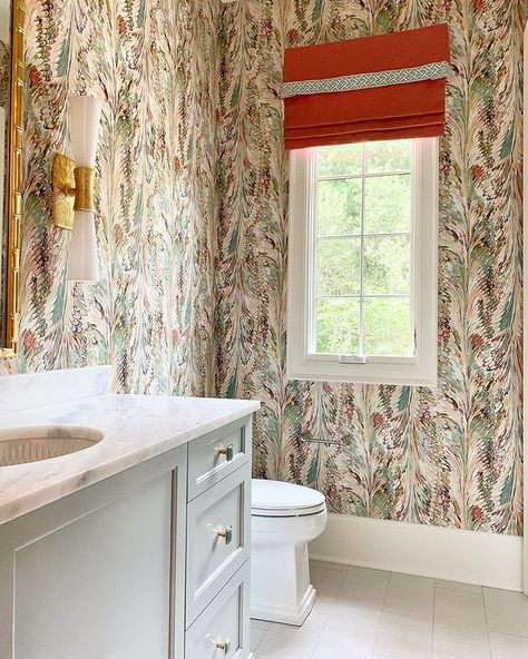 Pastel Eclectic, Lee Jofa Wallpaper, Marbleized Paper, Fabric Roman Blinds, Custom Vanity, Maximalist Decor, Twins Room, Bathroom Windows, Throw Back