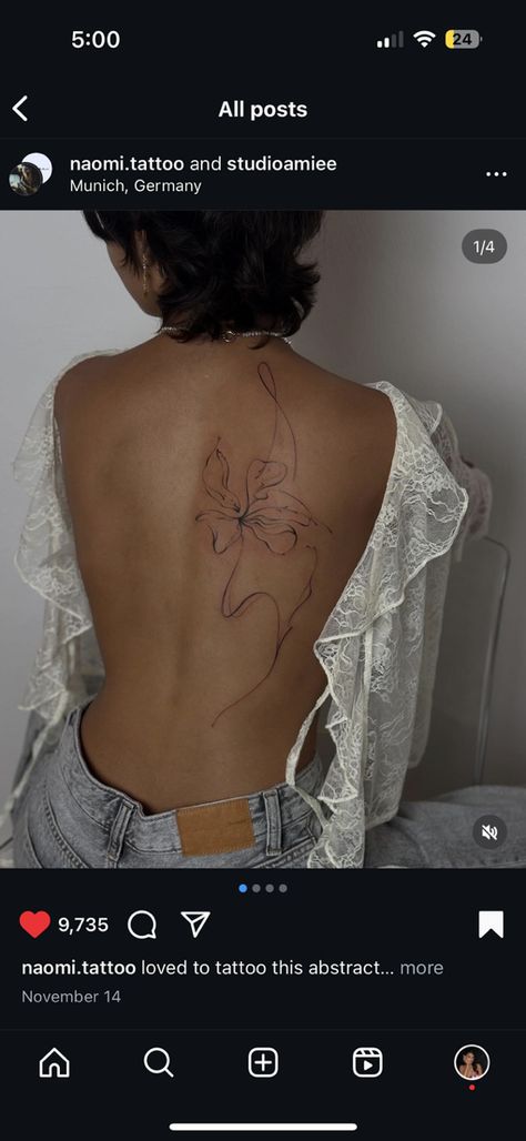 Spine Tattoo Linework, Delicate Flower Tattoo Back, Fine Line Flower Tattoo Back, Lower Back Ornamental Tattoo, Fine Line Flower Spine Tattoo, Back Tattoos Fine Line, Whimsical Back Tattoo, Hibiscus Spine Tattoo, Tulip Spine Tattoo