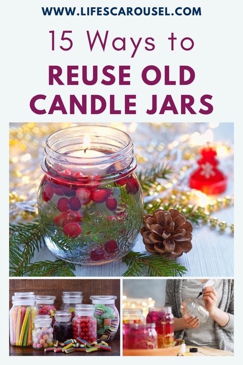 Simple ways to upcycle old candle jars instead of throwing them away. Reuse an empty glass candle jar to make storage containers, candy jars, decor and more. Empty Jars Ideas, Empty Jars Ideas Diy, Candle Jars Reuse Diy, Reuse Empty Candle Jars, Leftover Candle Jars, Yankee Candle Jars Reuse, Scene Crafts, Upcycled Candle Jars, Candle Jars Crafts