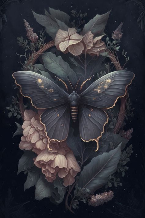 ArtStation - Soft Botanical Gothic Moth Painting v1 Gothic Floral Painting, Gothic Fairy Art, Moth Art Illustration, Soft Gothic Aesthetic, Gothic Art Painting, Witchy Images, Botanical Gothic, Gothic Botanical, Moth Aesthetic