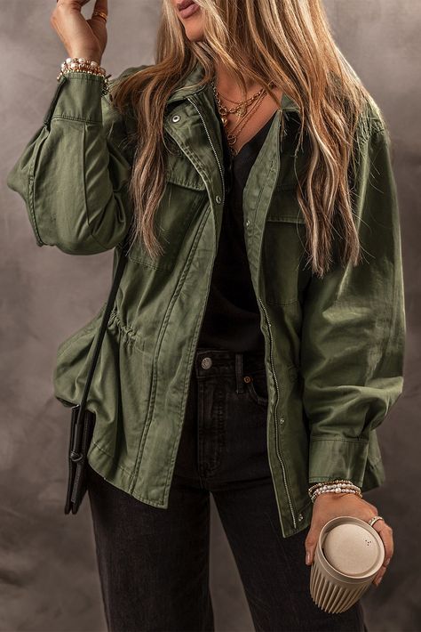 $18.35 Moss Green Snap Button Zipper Tight Waist Collared Jacket Wholesale Collared Jacket, Normal Body, Long Sleeve Jacket, Sleeve Jacket, Long Sleeves Jacket, Moss Green, Green Jacket, Polished Look, Cotton Style