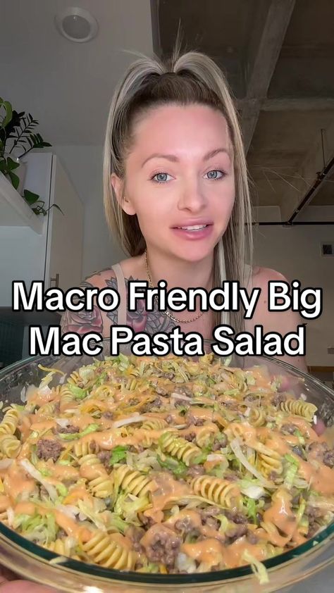 Low Cal High Protein Pasta Salad, Macro Friendly Pasta Salad, Low Fat Pasta Salad, Macro Friendly Pasta, Big Mac Pasta Salad, Mac Pasta Salad, Big Mac Pasta, Low Calorie Pasta Salad, Healthy Cold Pasta Salad